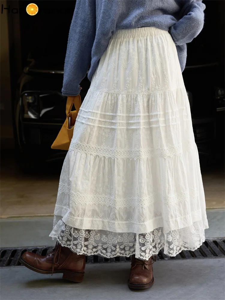 

HanOrange 2025 Early Autumn Gentle Temperament Patchwork Lace Floral 100% Cotton Skirt A-line Long Skirt White