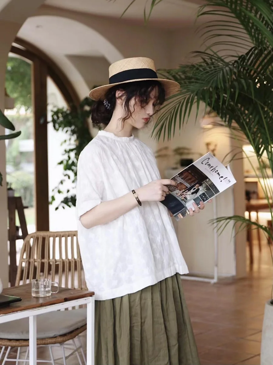 

Хлопковая женская летняя рубашка свободного кроя с круглым вырезом, в милом стиле, с вышивкой, пышная, в японском ретро-стиле