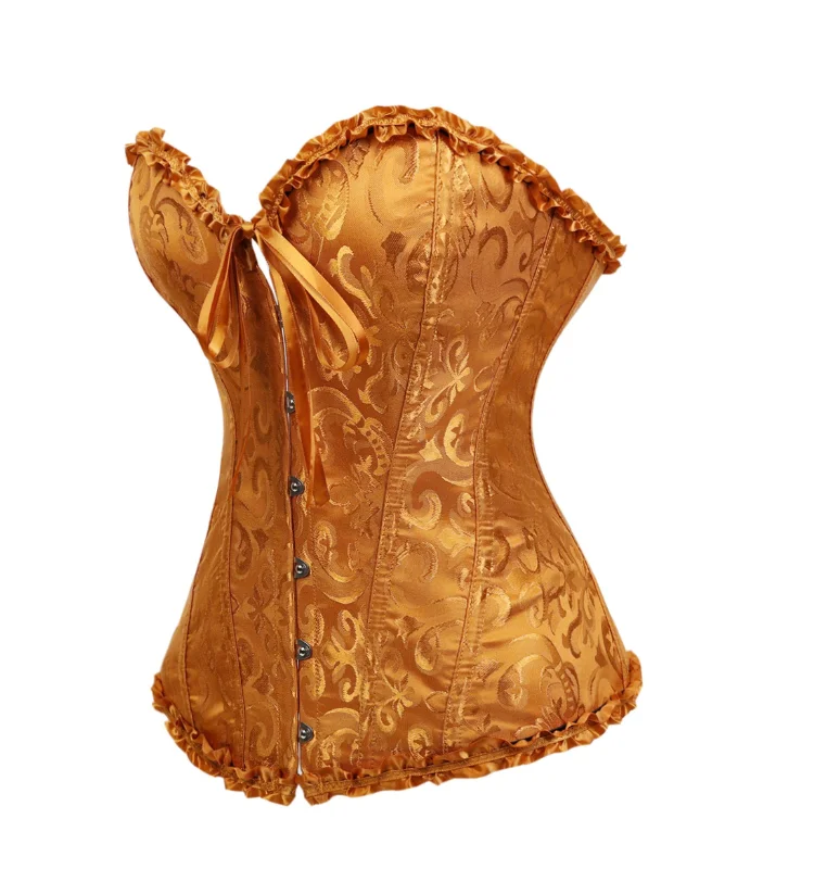 Damen-Overbust-Korsett, Vintage-Jacquard, Rüschen, Schleife vorne, Busk hinten, Schnürung, Taillenformer, Freizeit-, Party- und Alltagskleidung – Detail 18