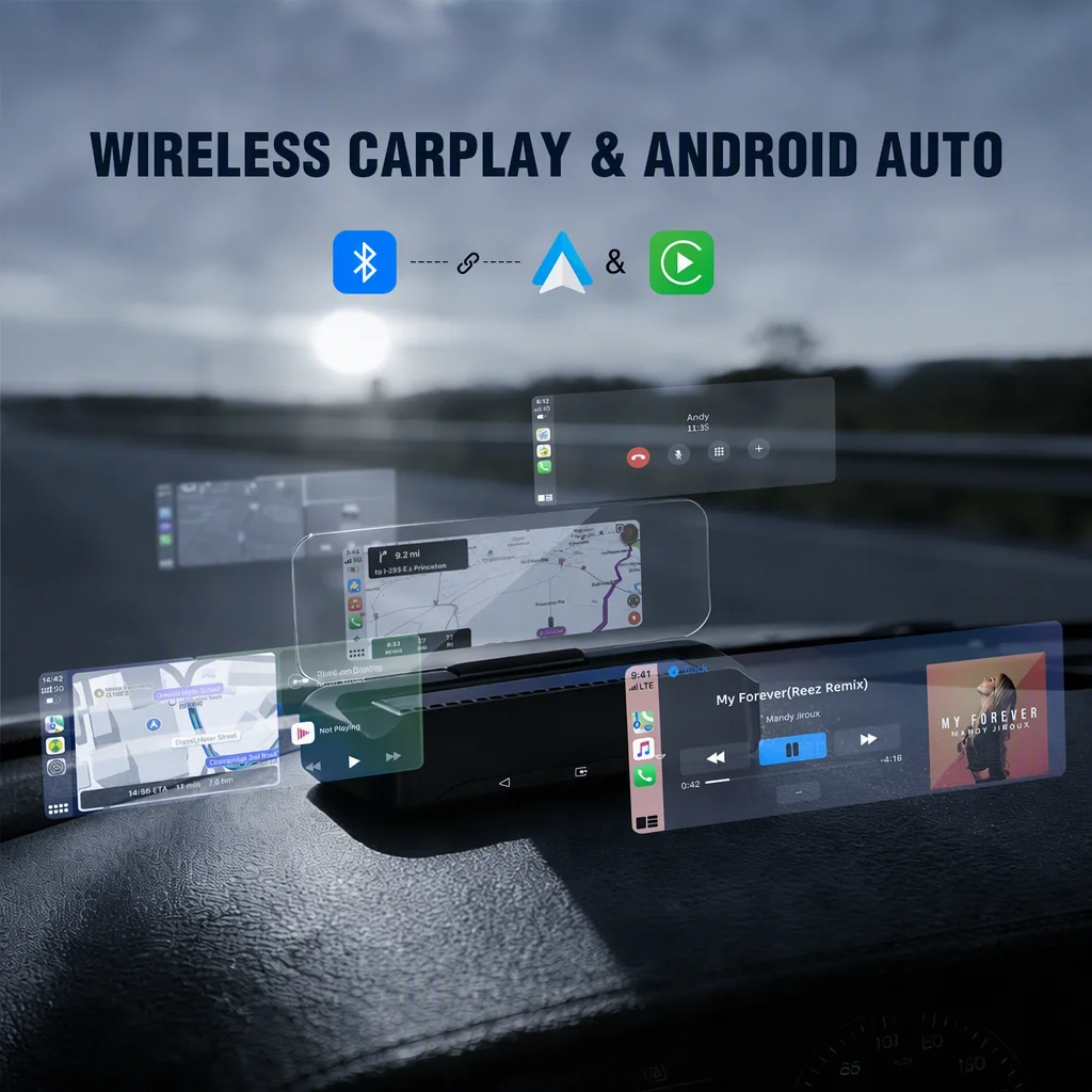 Wireless Car HUD with CarPlay, Multi-function Smart Projector, Plug-and-Play with Navigation, Music and Brightness Adjustment