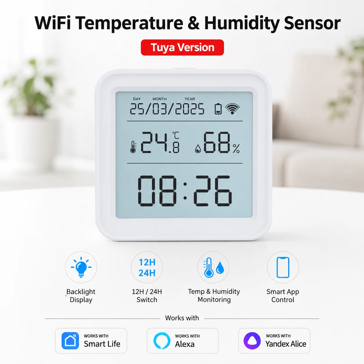 Sensore di temperatura e umidità Tuya WIFI, igrometro, termometro, per la casa intelligente, con retroilluminazione, compatibile con Smart Life, Alexa