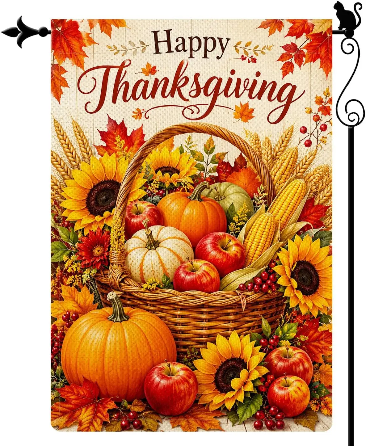 Happy Thanksgiving Harvest Basket Garden Flag, 12 x 18 Inch | Weather-resistant burlap-style linen with vivid artwork for po uui
