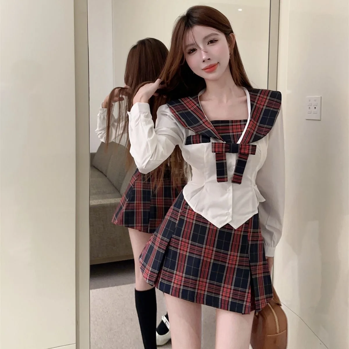 Japanese Korean Academy Style Long Sleeved JK Uniform Set Women's Red Plaid Collar Bow Tie White Shirt Slim Waist A-line Skirt