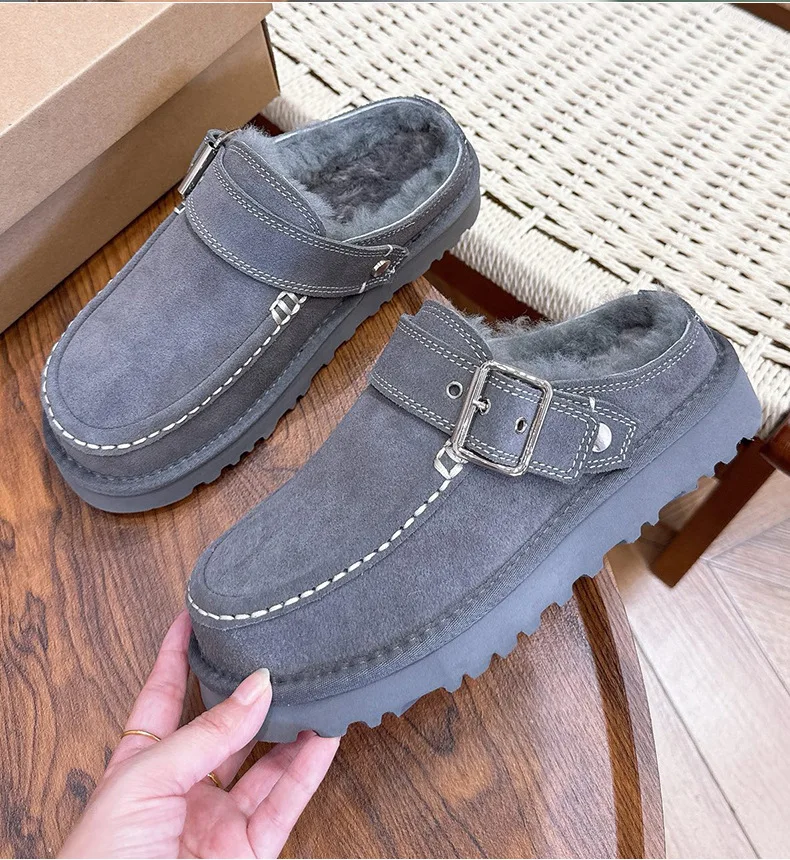 Neue Damen-Schlappen aus Rindsleder und Wolle, Schneestiefel mit Zehenkappe, erhöhte Sohle, warm, stoßdämpfend, dicke Sohle, lässig, für Paare – Detail 6