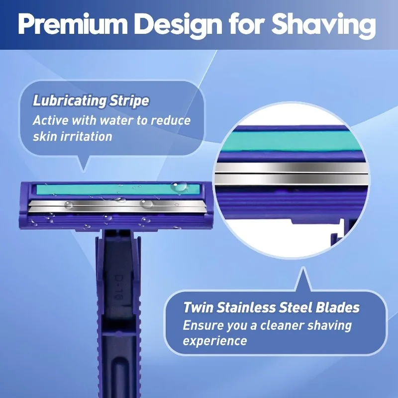 Twin Blade Disposable Razors for Men & Women – 60 Pack Bulk Stainless Steel Shavers with Lubricating Strip & Safety Cap