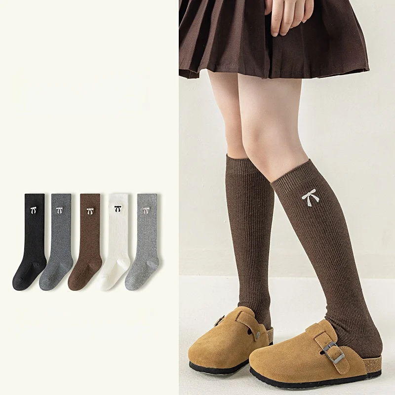 Spring Autumn Girls Knee High Socks Cotton Bow Embroidery Socks for 3-12Y Kids Solid Color Sweet Long Tube Stockings