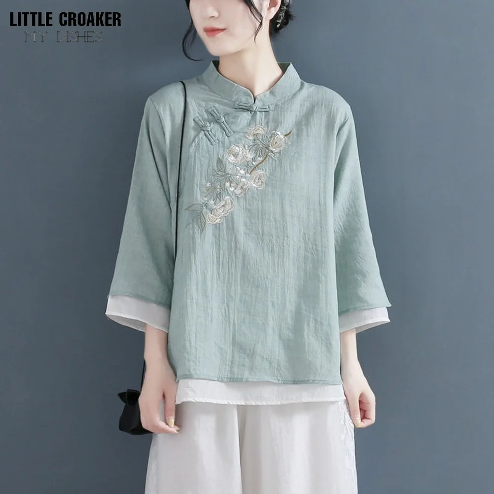 Autumn Double Layers Ladies Cotton Linen Shirt Blouse Chinese Traditional Women\'s Formal Tang Costume Pink Green White Hanfu Top