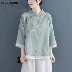 Autumn Double Layers Ladies Cotton Linen Shirt Blouse Chinese Traditional Women's Formal Tang Costume Pink Green White Hanfu Top