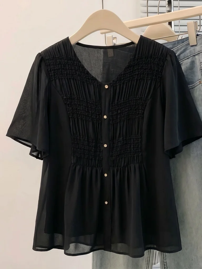 Elegant Black V-Neck Short Sleeve Chiffon Top Women's plus Size Summer New Style Slimming Fashionable Top Korean Style Loose Fit