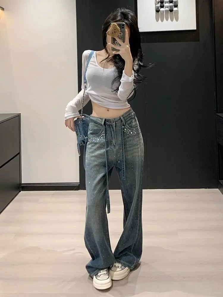 Jean Vintage dégradé diamants Y2k pour femmes, taille haute, Baggy, pantalon en Denim Harajuku, Grunge, Streetwear, pantalon rétro américain