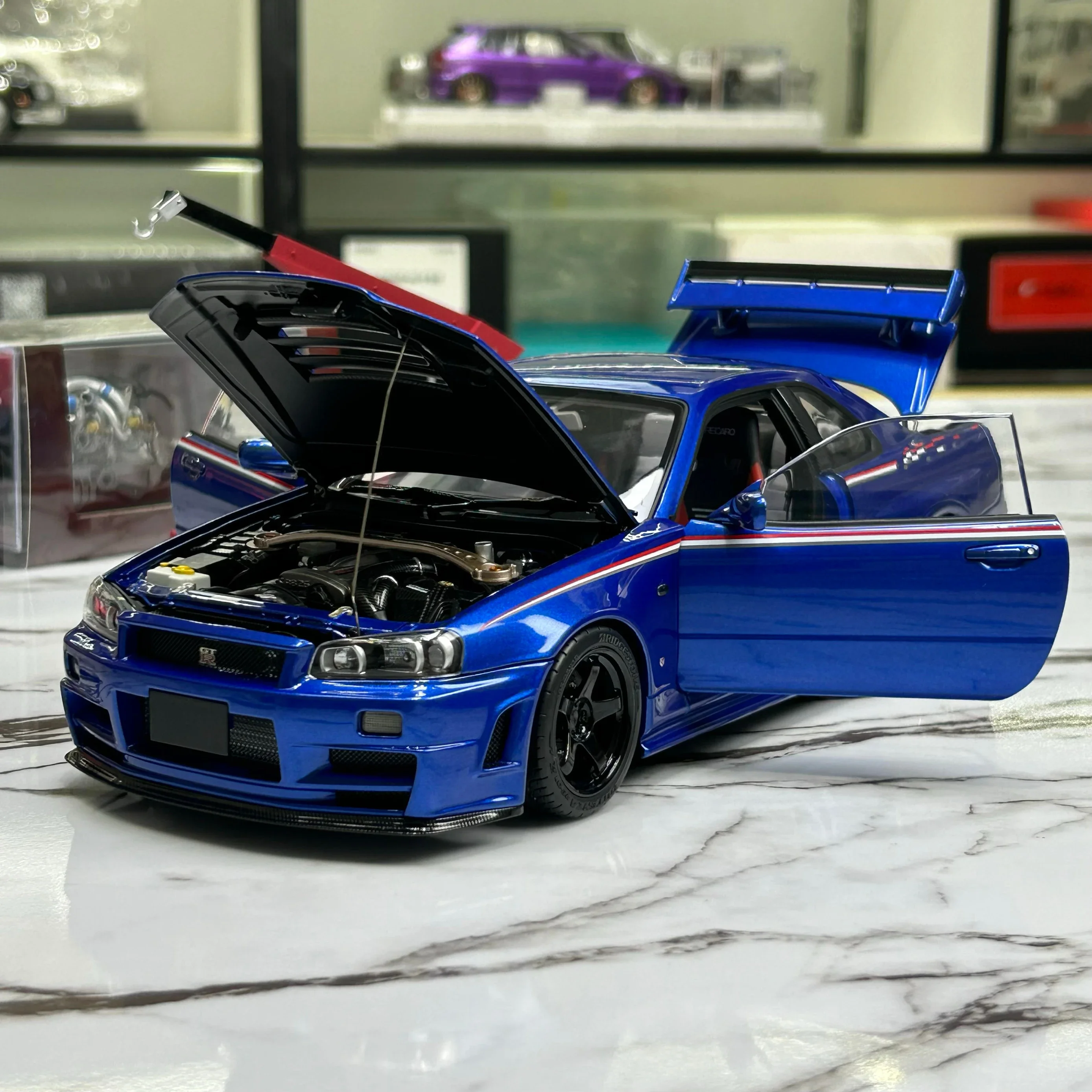 MH 1:18 Skyline R34 JDM Blue/White/Silver/Purple Simulation Limited Edition All Open Alloy Metal Static Car Model Toy Gift