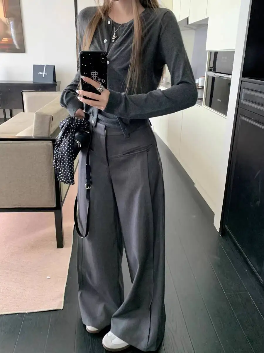 Women's Suit Pants 2026 Spring Autumn High Waist Grey Pants High End Versatile Black Wide Leg Straight Casual Trousers