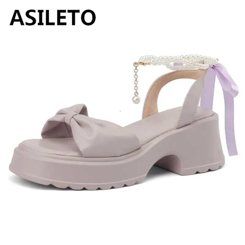 

ASILETO 2024 New Summer Women Sandals Thich Heels 6cm Bowknot Lace Up String Beads Platform Large Size 42 43 Soft Daily Shoes