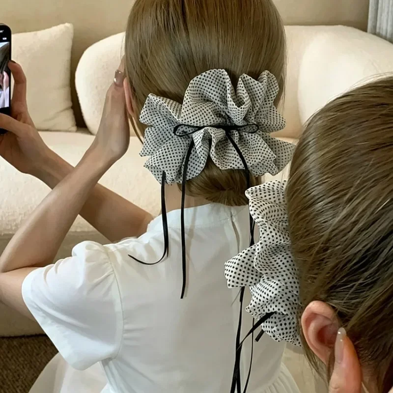 1PC Polka Dot Chiffon Scrunchies With Ribbon Bow, Elegant Bowknot Hair Ties, Retro Dot Print Elastic Hair Bands, Fashion Women