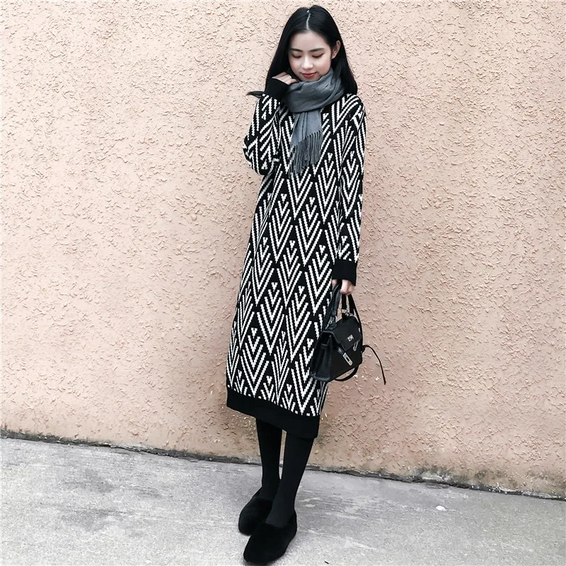 Long Sleeve Geometry Knitted Dress Women's Clothing 2024 Autumn /Winter New Straight Bottom Long Over-the-Knee Sweater Dress