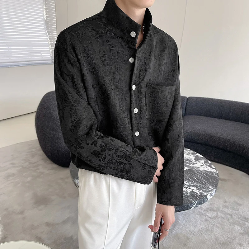 IEFB Niche Design New Men\'s Shirts Jacquard Stand Collar Casual Clothing Long Sleeve Single Breasted Male Loose Tops Chic 9C6464