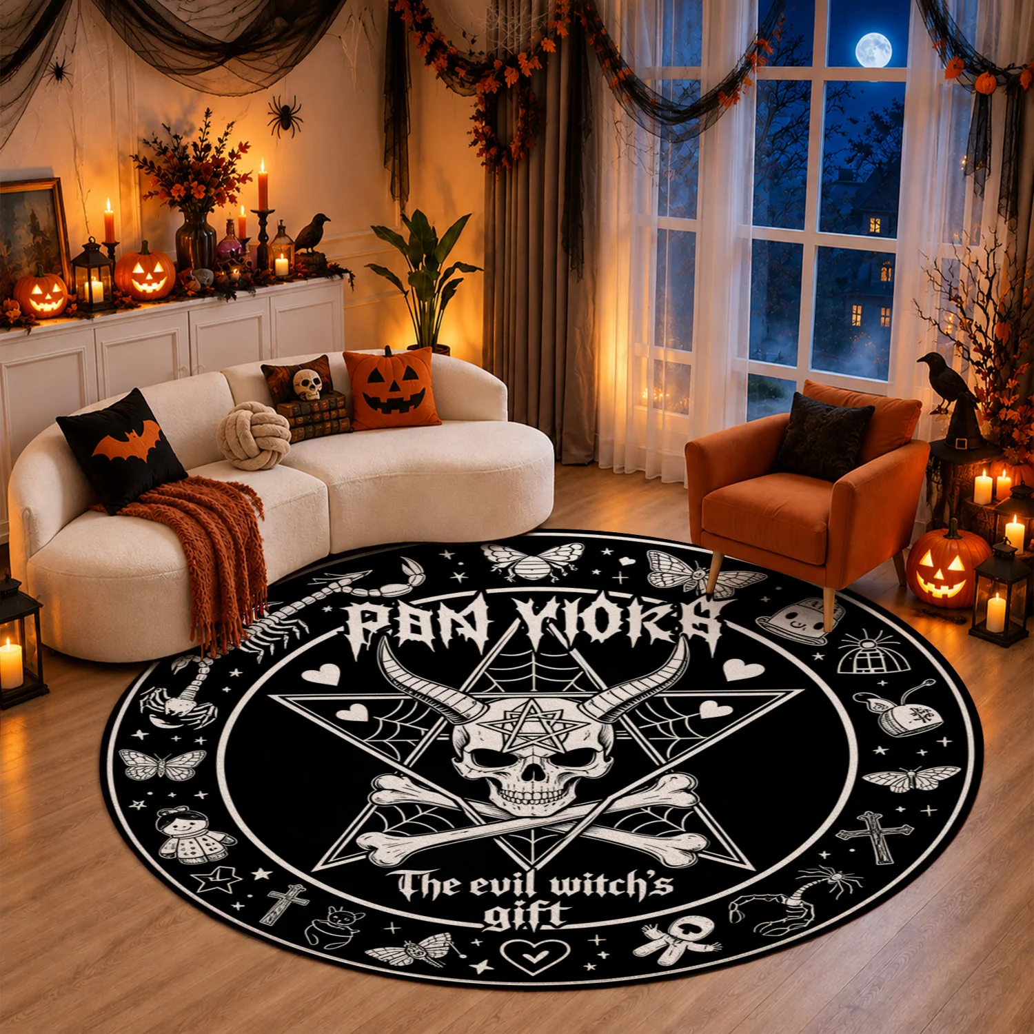 Gothic Occult Skull Pentagram Witch Design Round Velvet Rug Machine Washable for Living Room Bedroom Entryway Decor Ideal for Halloween Thanksgiving Black Friday Christmas New Year