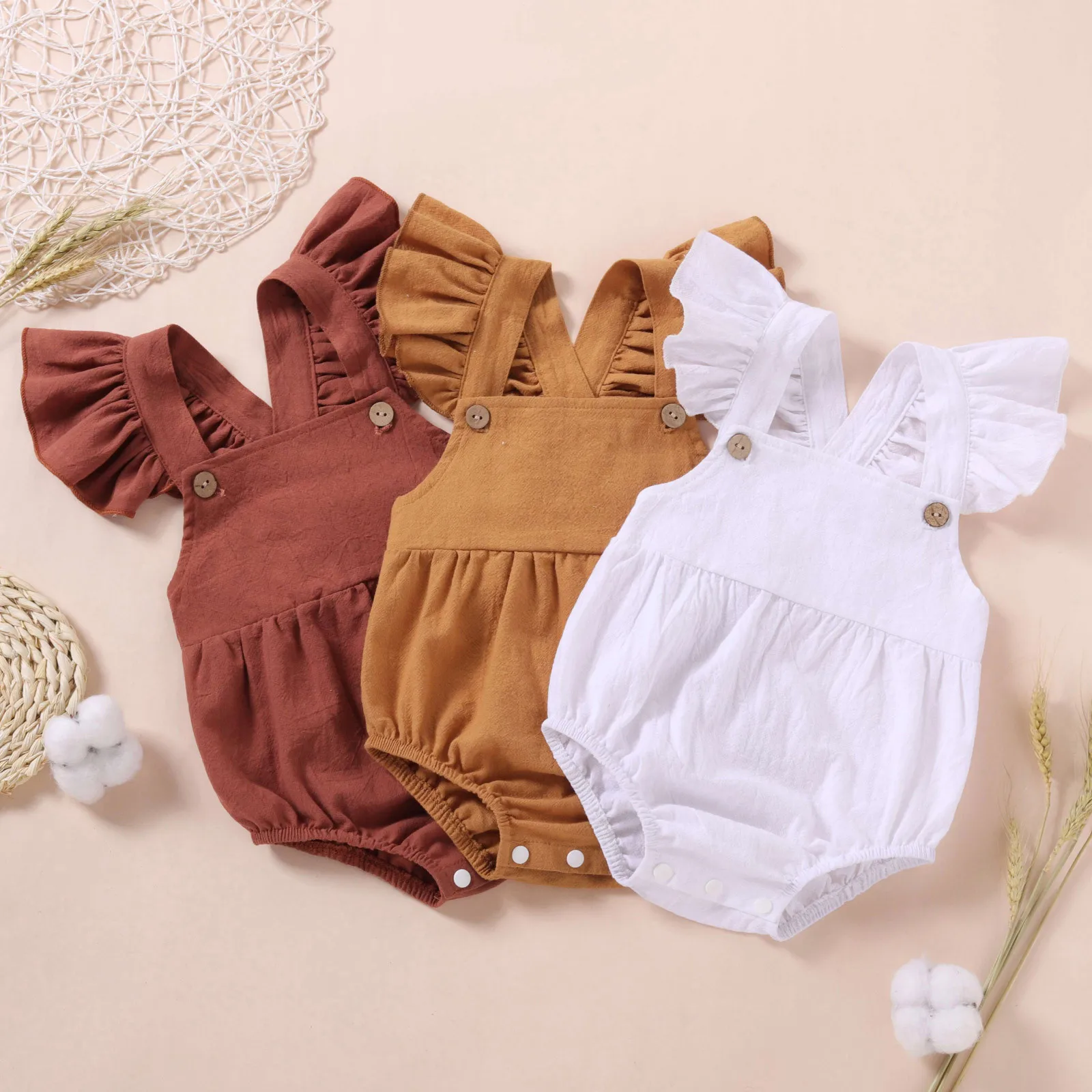 

3 Color Newborn Infant Baby Boy Girl Bodysuit Summer Button Jumpsuit Casual Sleeveless Backless Solid Outfit Clothes 0-12 Months