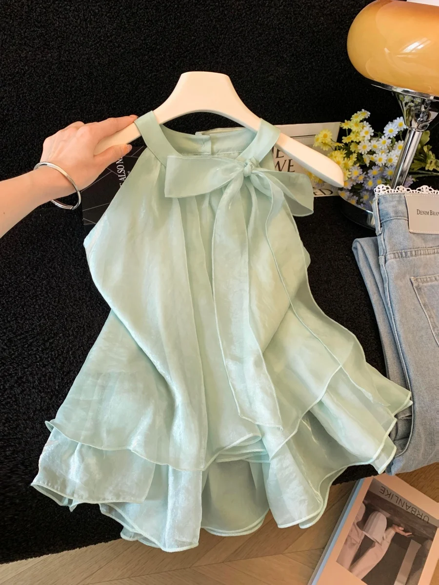 

Elegant Mint Green Knot Strap Vest Women's Summer Fashionable Chic Shoulder Bared Shirt Top Loose Fit Short Length