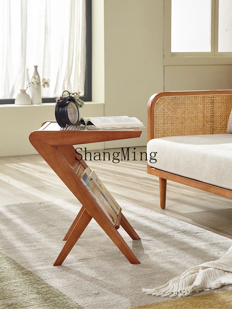 HJ أريكة الروطان الخشبية الصلبة الجانب عدد قليل من غرفة المعيشة المشاهير على الإنترنت شقة صغيرة بسيطة بجانب السرير طاولة زجاجية زاوية قليلة #3