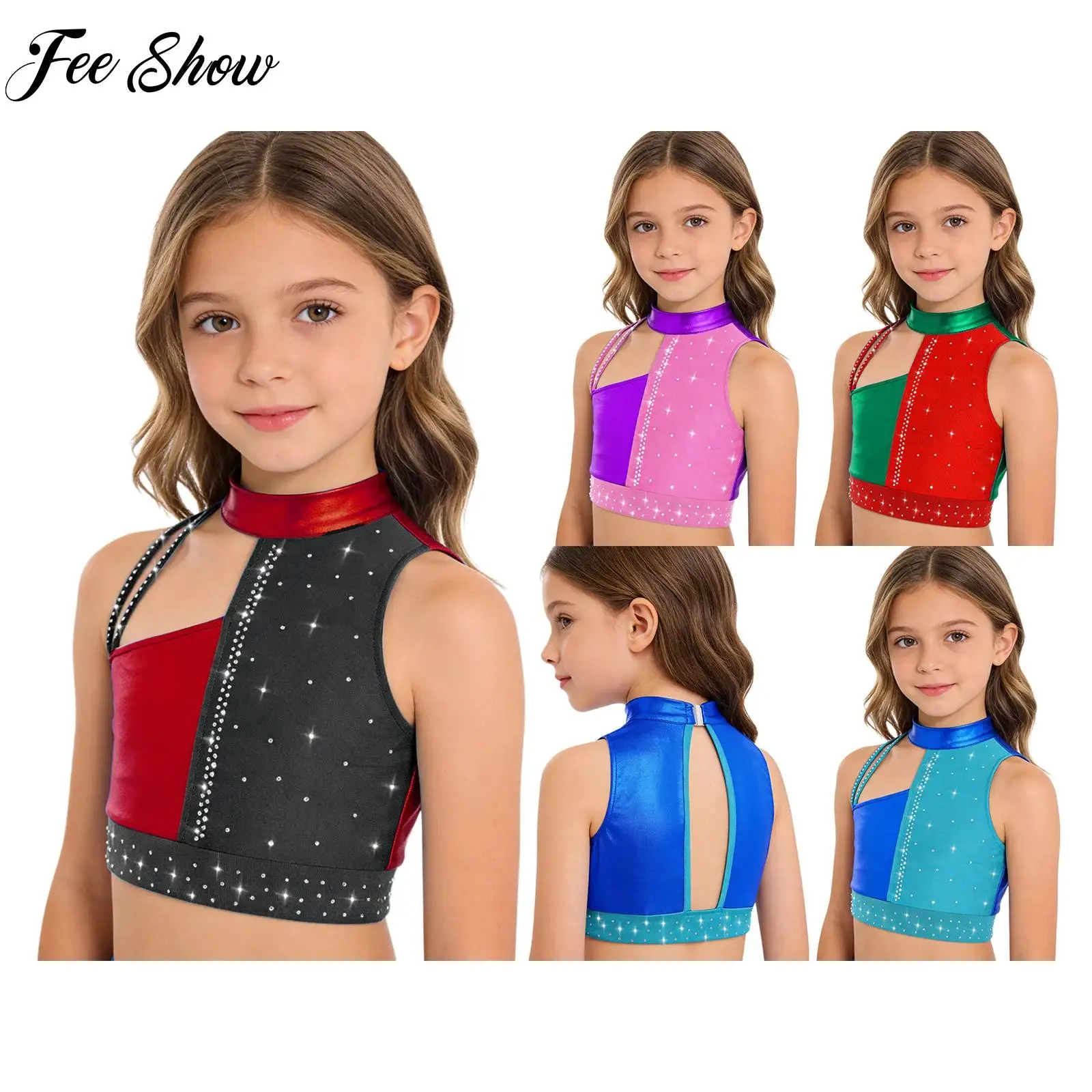 أطفال بنات رياضي الشكل التزلج الجمباز الرقص أزياء مسرحية بلا أكمام انقطاع لامعة الراين لامع المحاصيل الأعلى #1