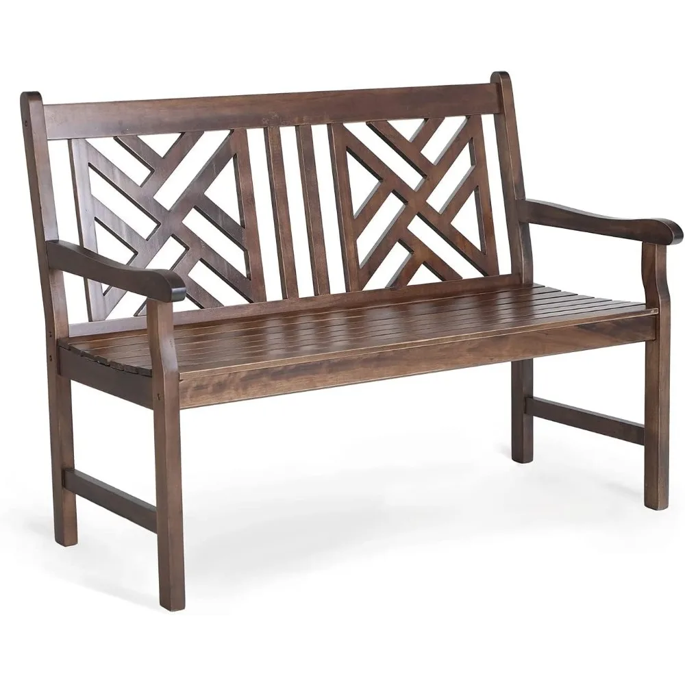 HOME - Outdoor Acacia Wood Garden Bench with Backrest and Armrest, 2-Person Slatted Seat Bench Patio Furniture for