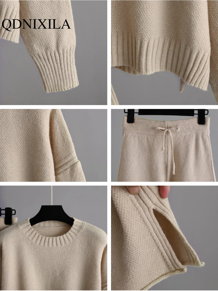 Pants Sets Autumn Winter New In Fashion Casual Knitting Set Loose O-Neck Sweater Wide Leg High Waisted Pants Clothes for Women