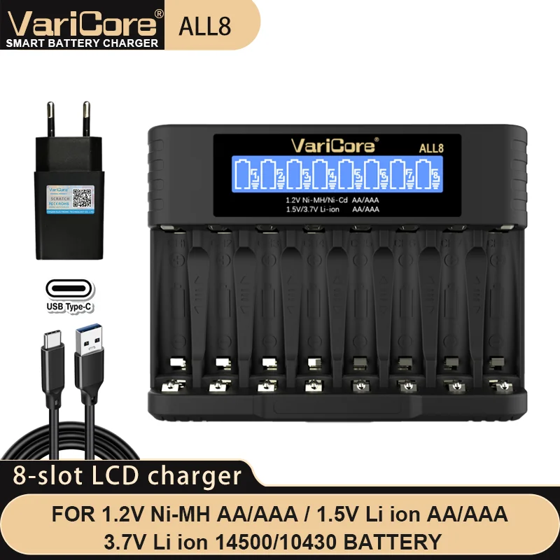 VariCore ALL4 ALL8 LED 1.2V 1.5V 3.7V Ni-MH NI-CD Li-ion AA AAA Caricabatteria Ricarica rapida sicura e intelligente