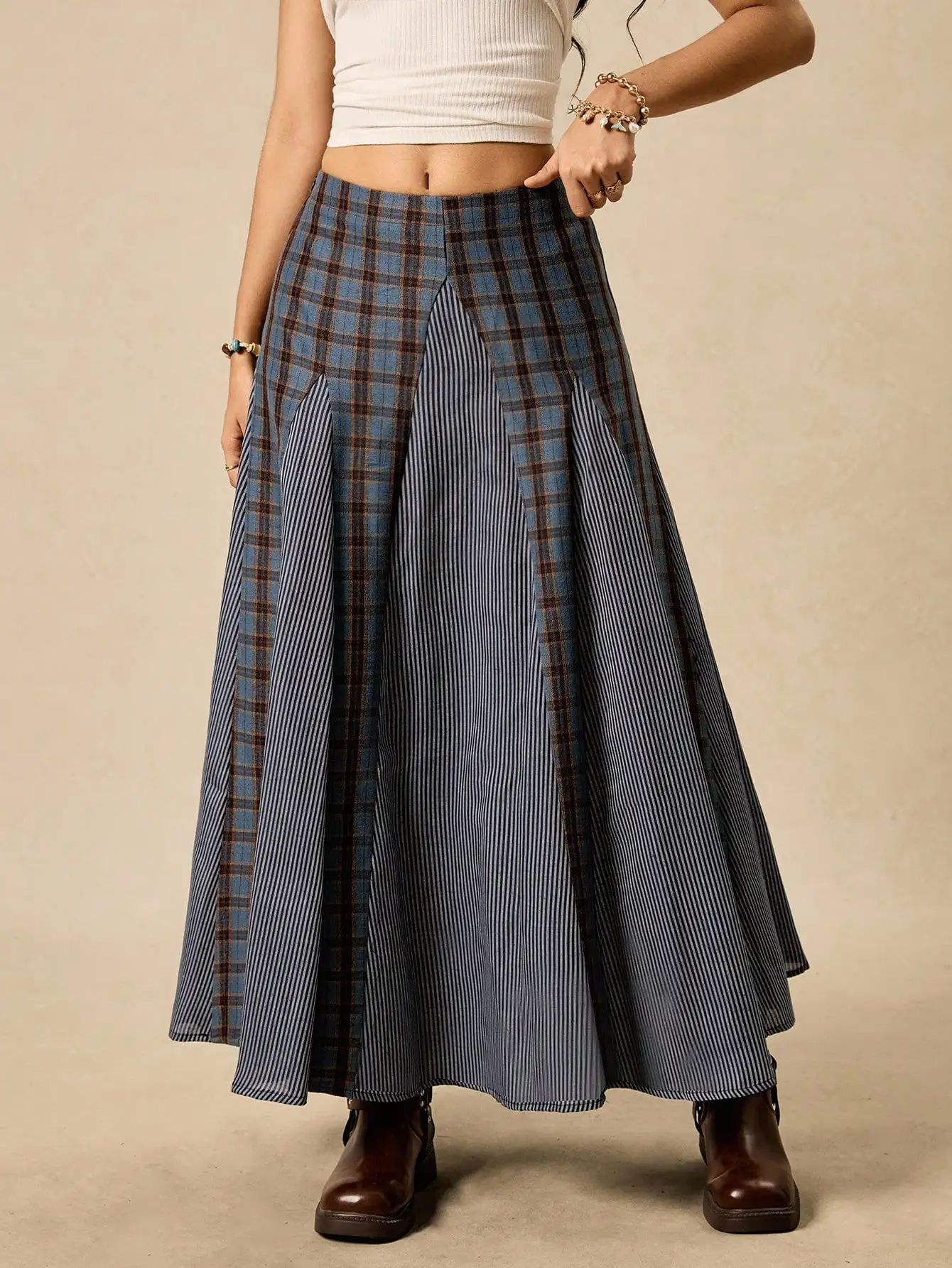 

Plus Size Patchwork Skirt with Plaid and Stripe Panels, A-Line Flowy Design