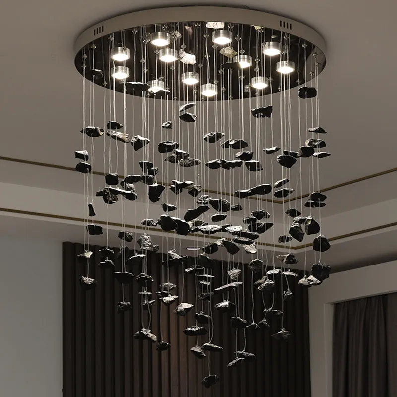 

Black Art Luxury Stone Crystal Chandelier For Staircase Hallway Lobby Modern Cristal Led Hanging Lamp Home Indoor Light Fixtures