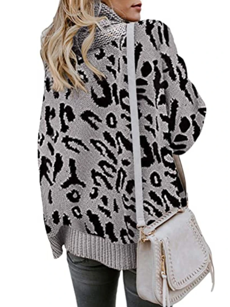 Casual Knitting Sweater Women\'s Leopard Print Turn-down Coiiar Long Sleeve Tops Autumn Winter New Casual Pullover Sweaters 2024