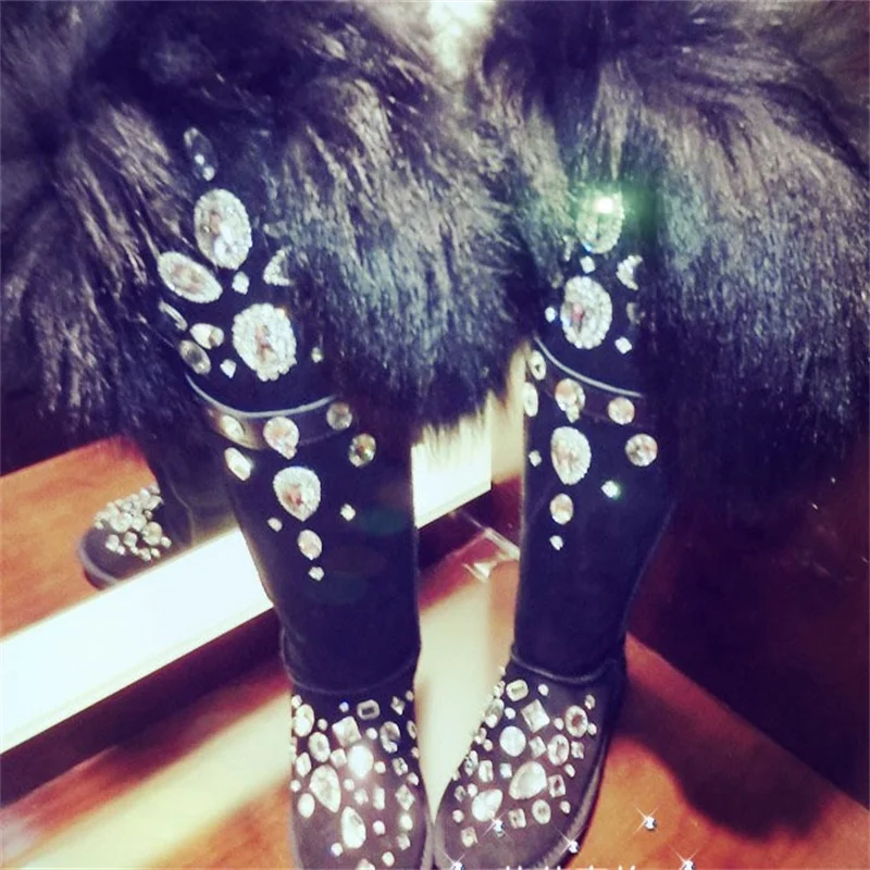 

Hand-made gem taro purple Big fox fur with buckle over the knee super high cowhide snow boots Plus size cotton boots