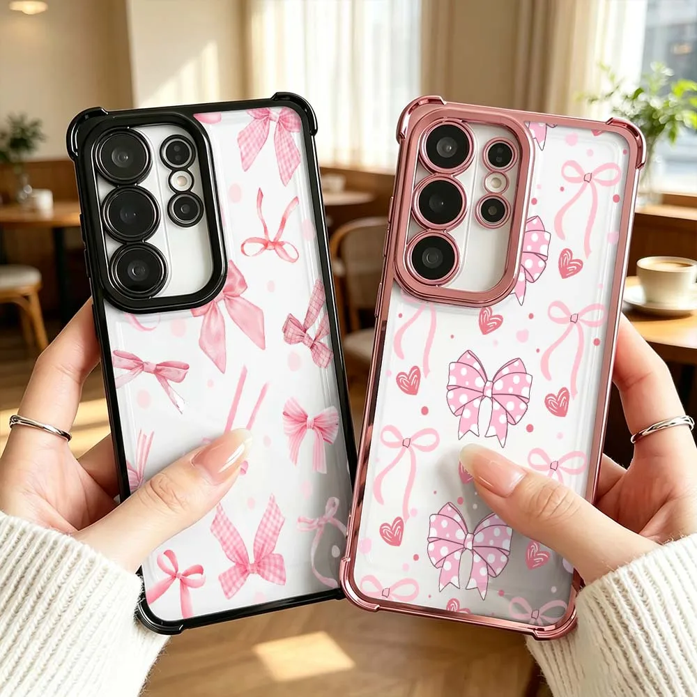 Simple Pink Bow Heart For Samsung Galaxy S26 S25 S24 S23 S22 Ultra FE Plus Electroplating Anti Fall Phone Case Cover