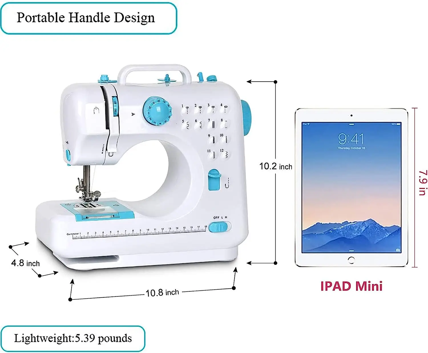 Blue 505 Portable Sewing Machine for Beginner and Kids, Double Speeds Reverse Sewing, 12 Built-In Stitches