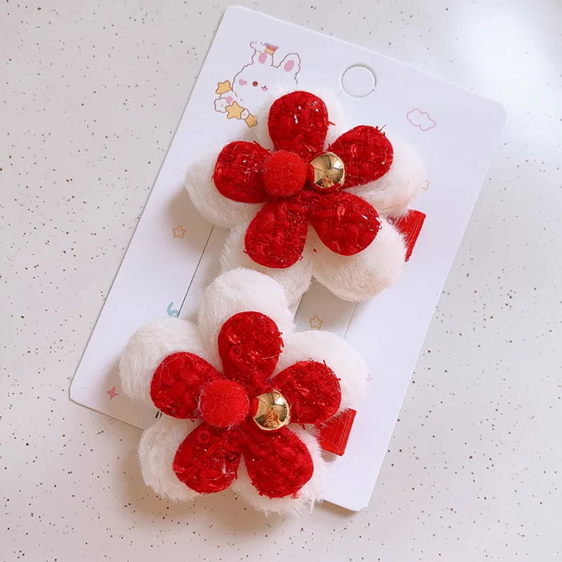 2PCS /set Christmas red bows hair clip for girls kids cute Pompoms hair ties baby velvet bow hair clip New Year hair bands Gift