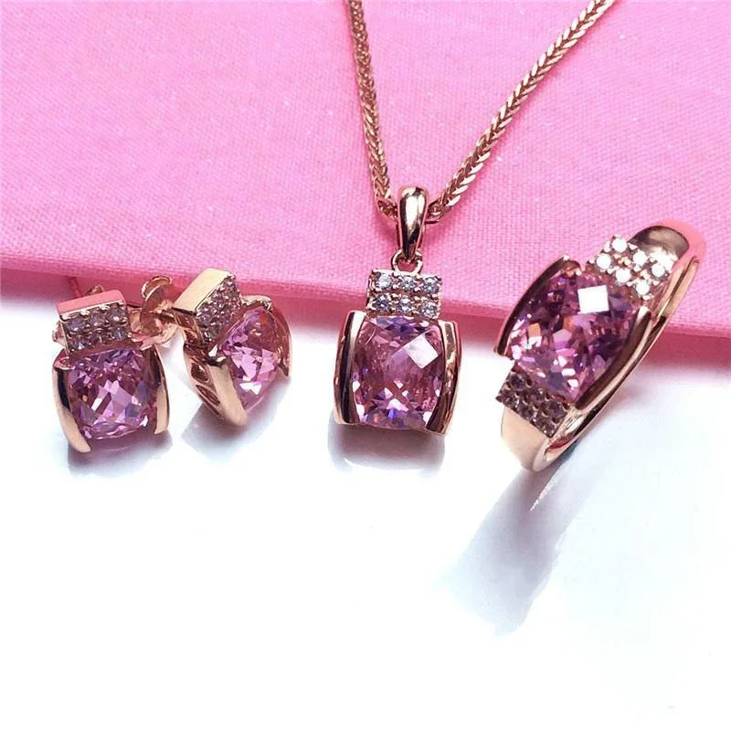 Conjunto de joyería de piedras preciosas de color rosa pálido cuadrado de estilo dulce romántico, collar de boda, pendientes de anillo de oro rosa de 14 quilates de oro púrpura 585 para mujer