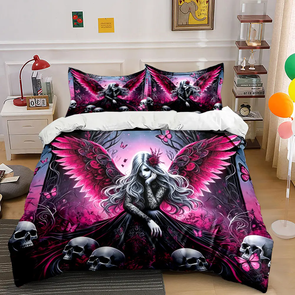 Gothic Pink Wing Dark Angel Skull Butterfly Bedding Set,Horror Witch Girl Floral Print Duvet Cover,Soft Microfiber Duvet Cover