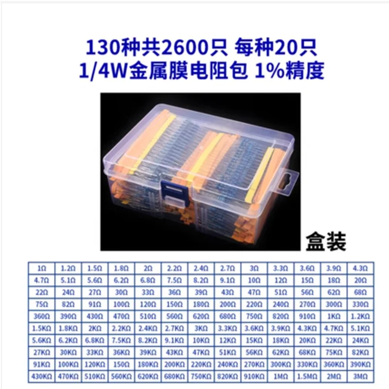 600pcs-2600pcs 1/4W  metal film resistorl (0.25W)  1% 1ohm-10M 30 kinds 600pcs 130 kinds, 20 pieces each, a total of 2600 pieces