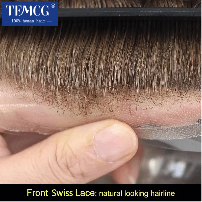 Rambut palsu pria toupee 8x10 BIO Swiss Lace dengan alas PU, 100% rambut manusia, prostesis rambut pria, garis rambut alami, unit pengganti rambut pria