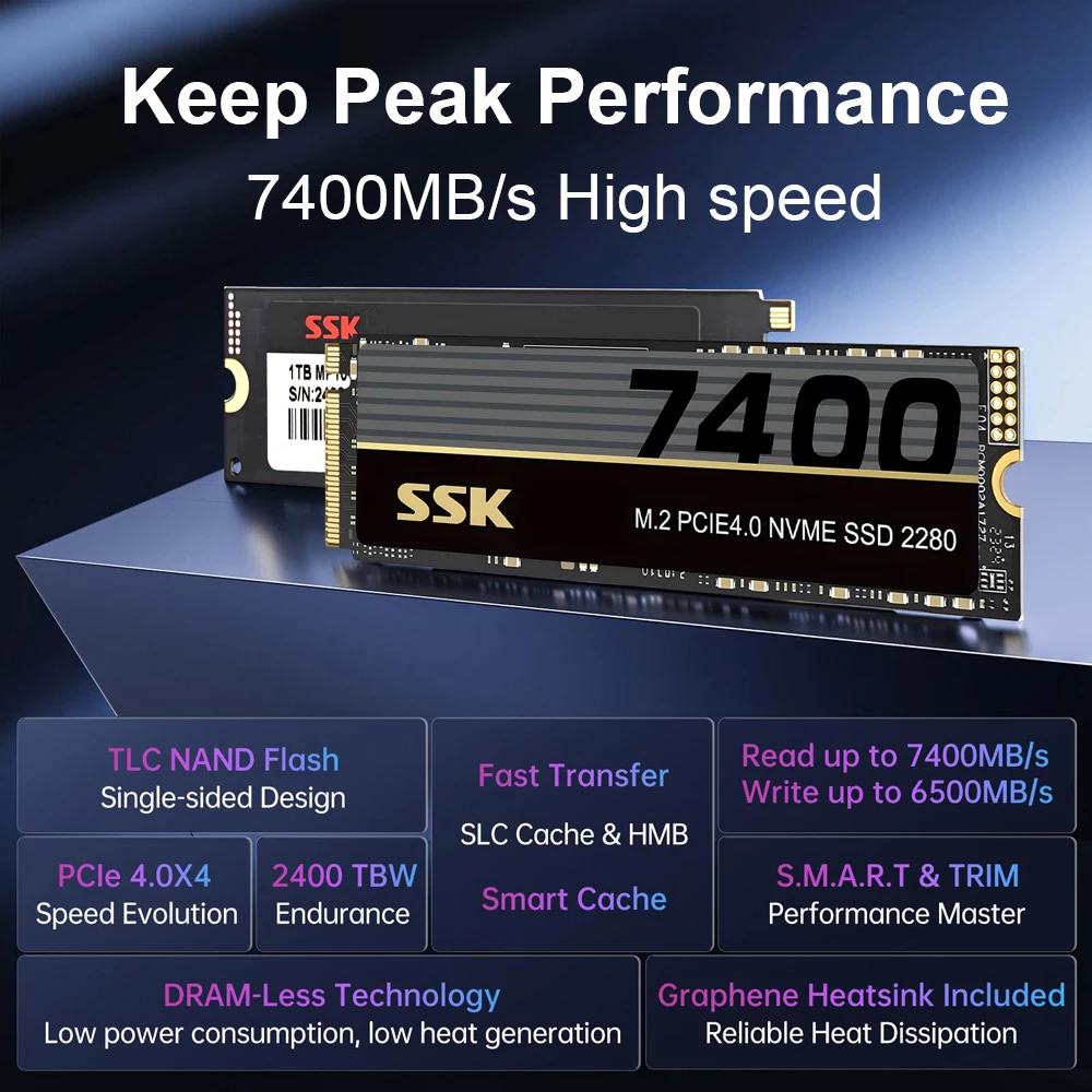 SSK M.2 NVMe SSD PCIe 4,0 7400 MB/s M.2 2280 1T 2T SSD unidad interna de estado sólido para juegos SSD incorporado para juegos de gran capacidad