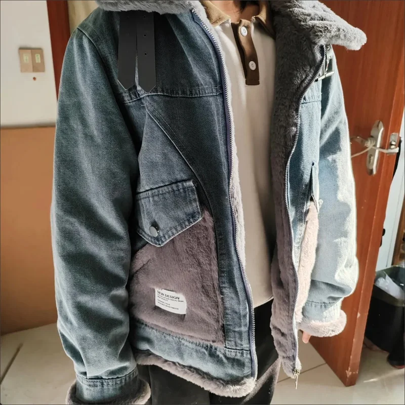 Faux Mink Velvet Stitching Denim Jacket Women's Fleece-padded Jackets Loose Jean Coats Lady Casual Warm Outerwear Autumn Winter