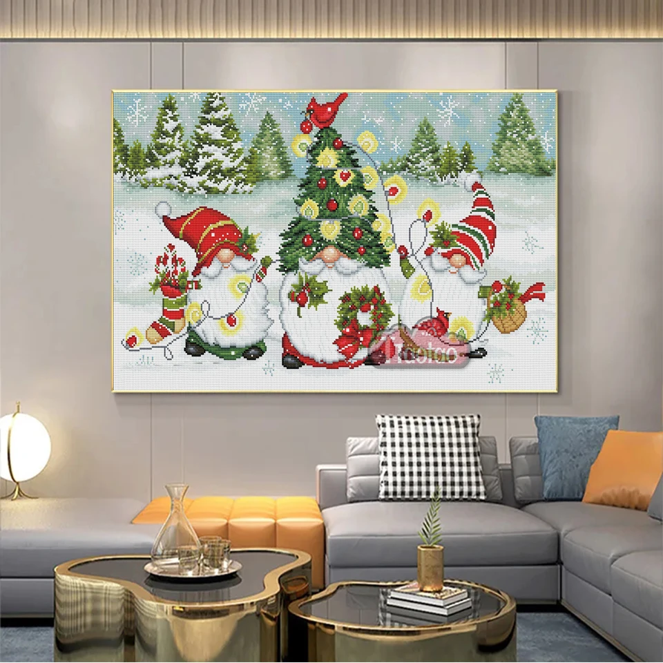 5D Winter Snow Scene Christmas Cartoon Gnome Santa Claus Diamond Painting DIY Square Round Mosaic Rhinestone Cross Stitch Decor