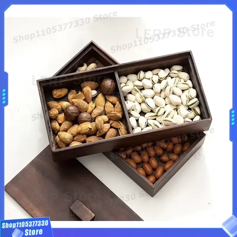 Creative Solid Wood Dried Fruit Storage Box With Lid Compartment For Nuts Snacks Desserts Display Tray Home Kitchen Organizer