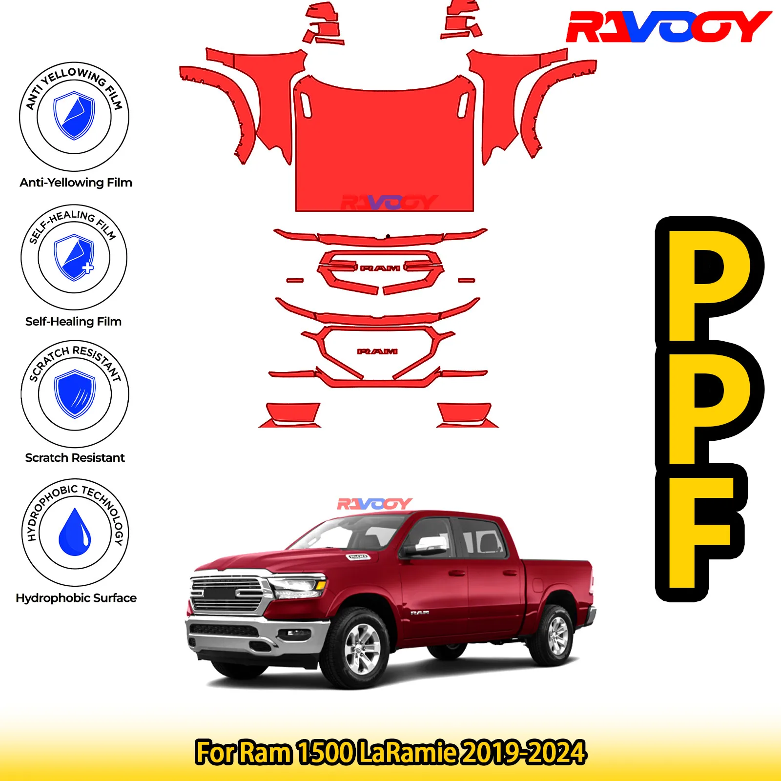 

Для Ram 1500 LaRamie 2019-2024 глянцевая матовая черная предварительно вырезанная передняя полипропиленовая защитная пленка для краски