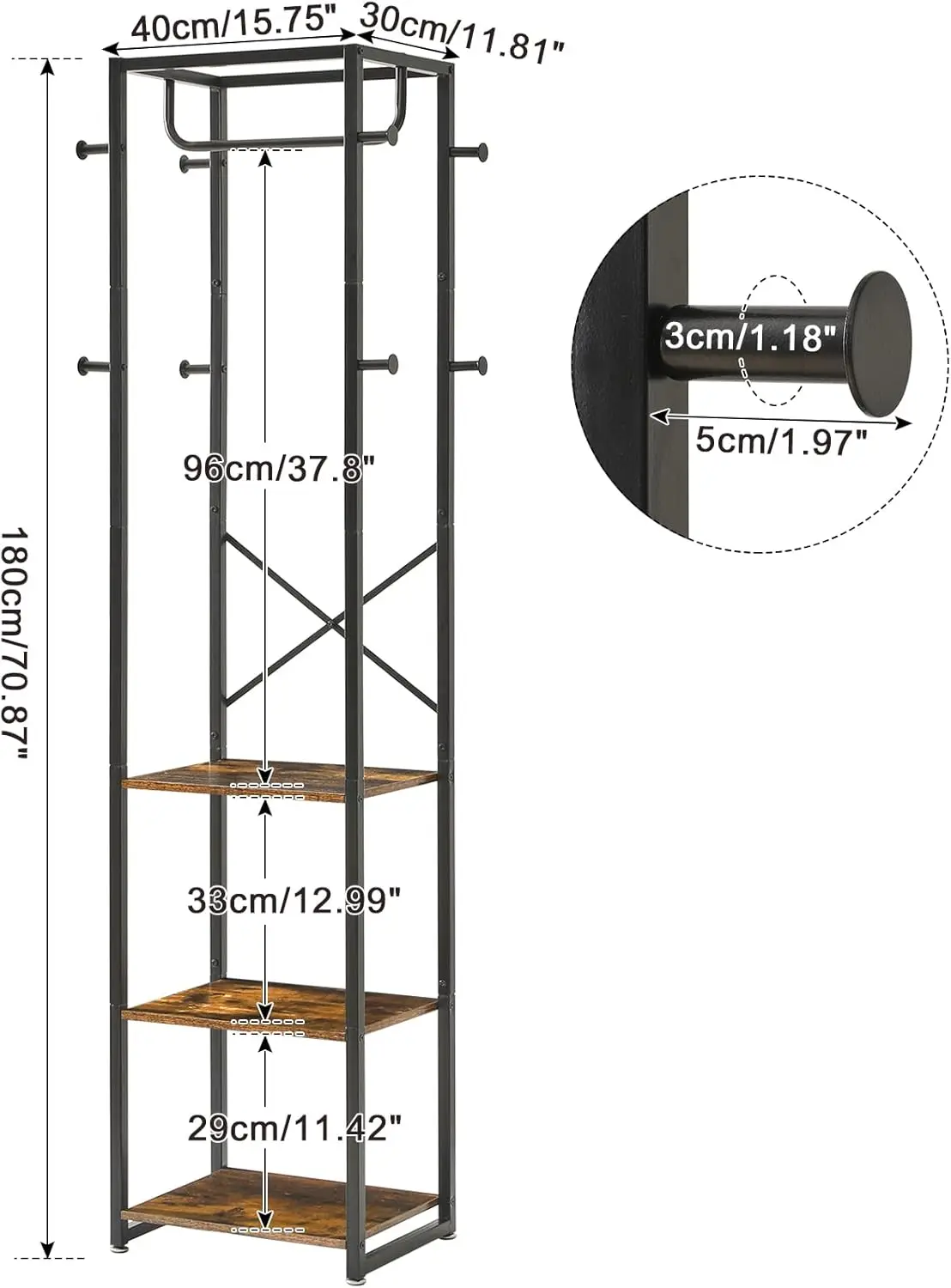 Coat Rack with Shelves, Freestanding Hall Tree with 3 Shelves and 8 Hooks, Industrial Clothes Stand