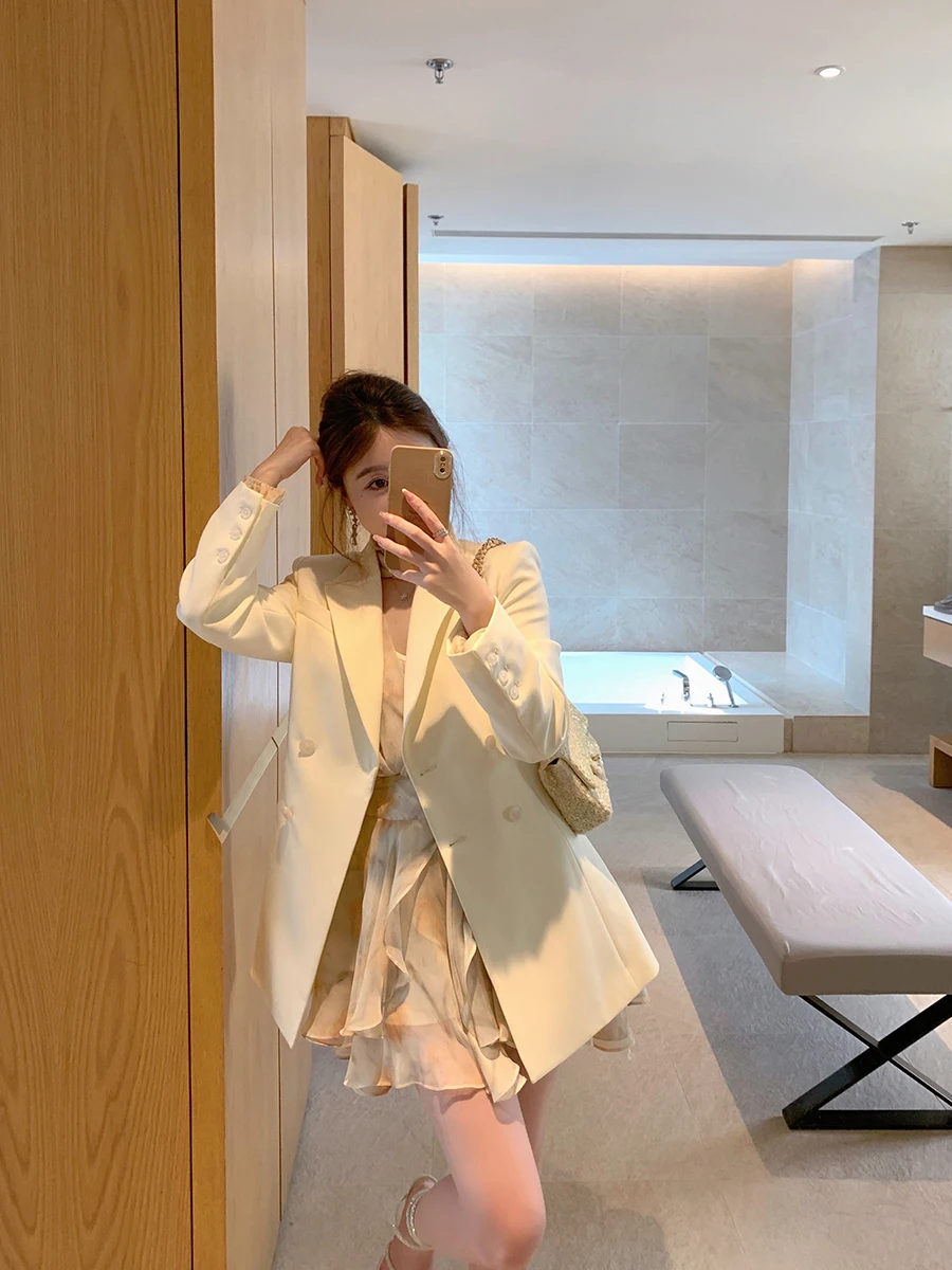 

ByYou Весенняя новинка: белый повседневный женский костюм-пиджак с двойными пуговицами и дизайном, подчеркивающим талию, для офиса, однотонный, удлиненный