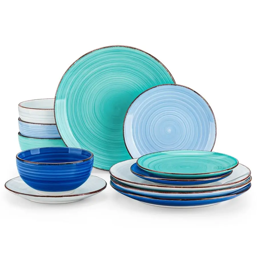 

Bonita Dinnerware Set Blue Stoneware 12 Pieces Service for 4, Handpainted Spirals Pattern Stoneware Plates and Bowls Set