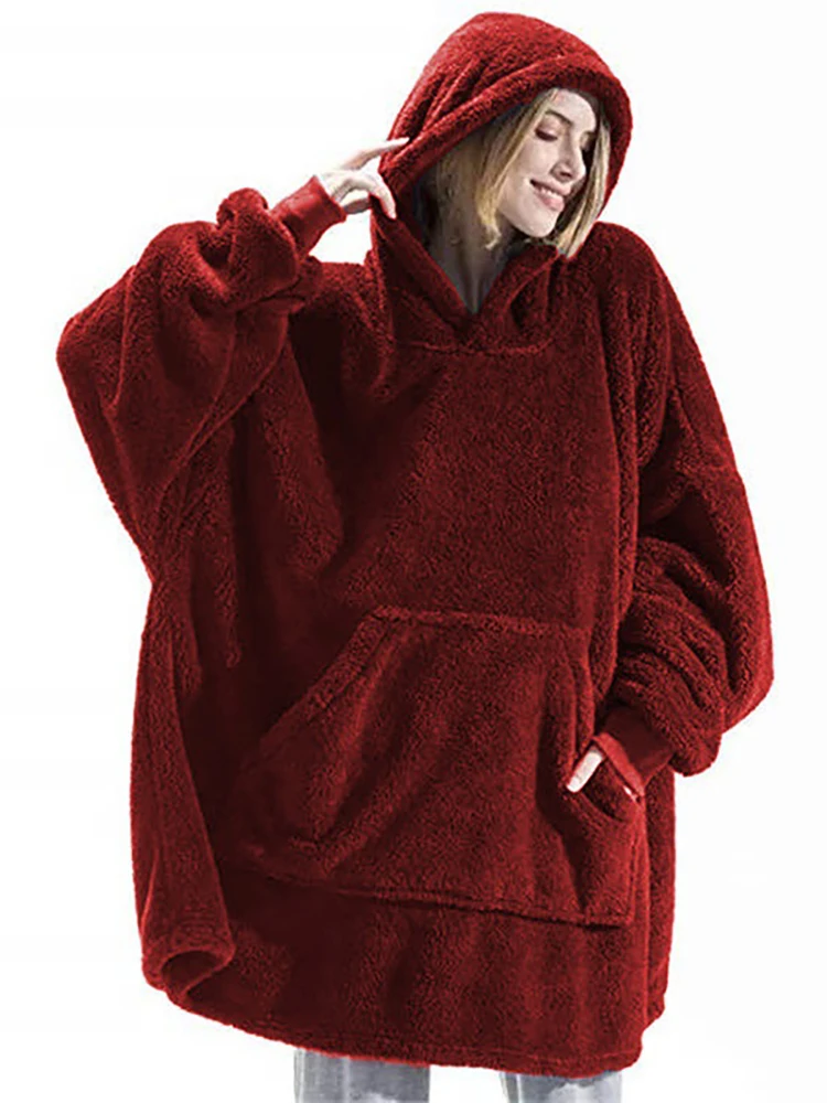 New Winter Women Double-faced Fleece Hoodie Blanket Oversize Large Pocket Warm Couple Loose Sweatshirts Women And Men Robe