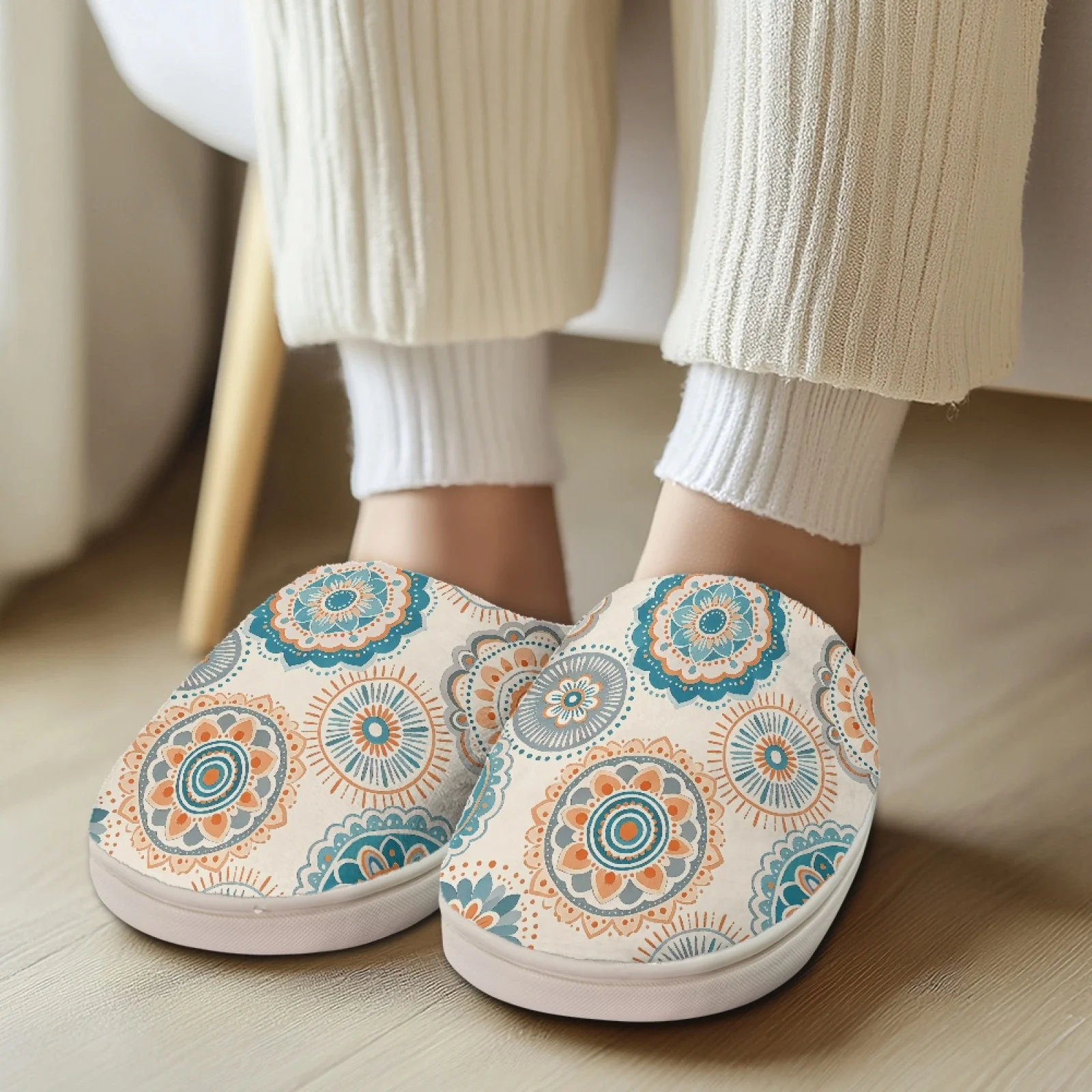 PENSTROLL Mandala Print Extra Warm Thermal Slippers For Winter New Mom Cozy Slides Cotton Slippers for Hotel