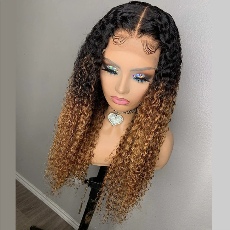 Soft Glueless 180Density Ombre Blond 26inch Long Kinky Curly Deep Lace Front Wig For Women With Baby Hair Preplucked Daily